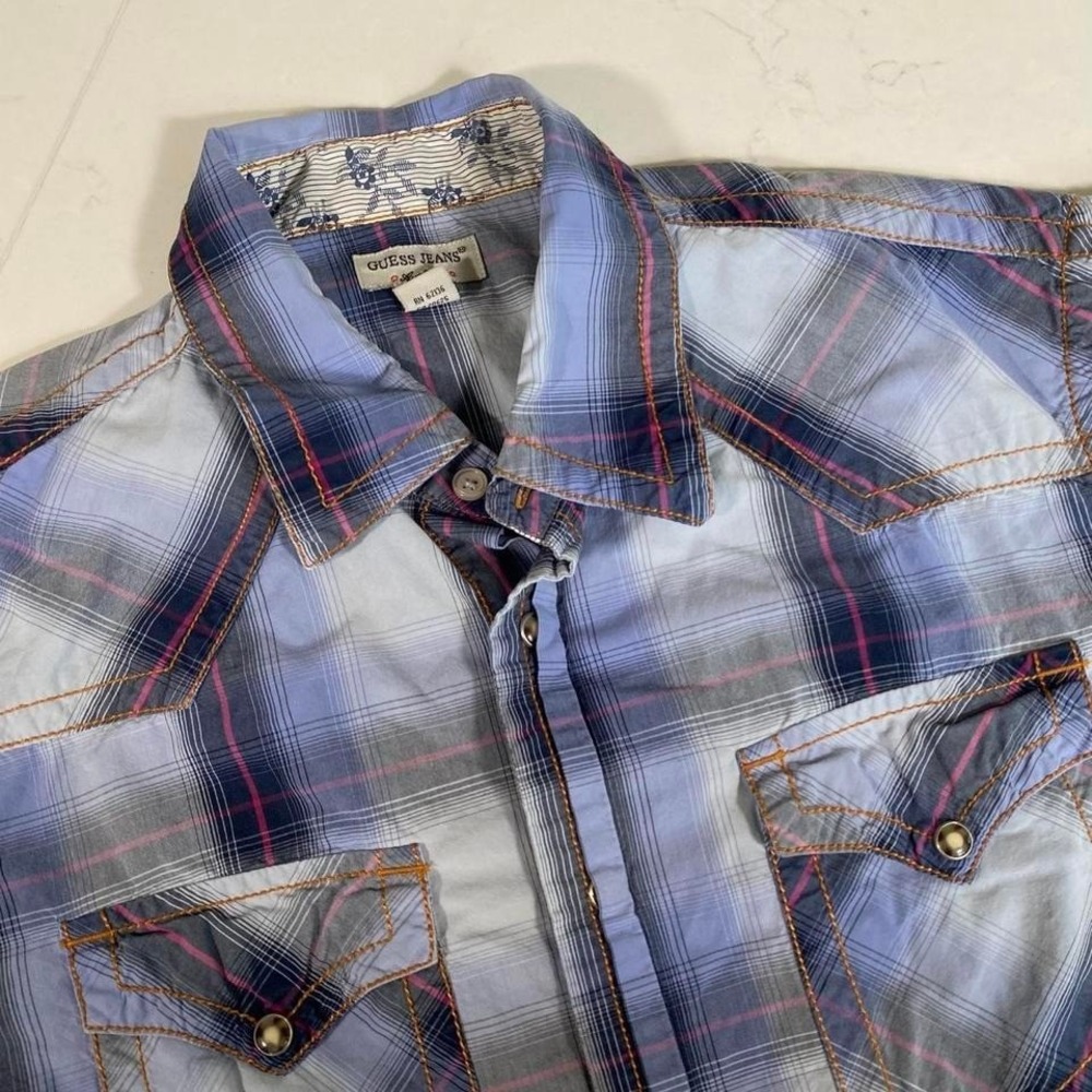 Vintage‎ Guess Jeans Plaid Western Shirt Men's Medium Short Sleeve Pearl Snap